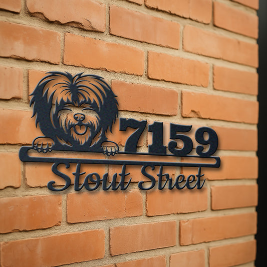 Personalized tibetan terrier address sign with house number and street name in metal - product view 3