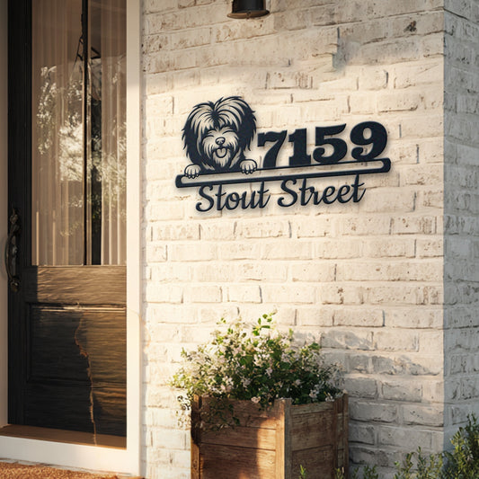 Personalized tibetan terrier address sign with house number and street name in metal - product view 5