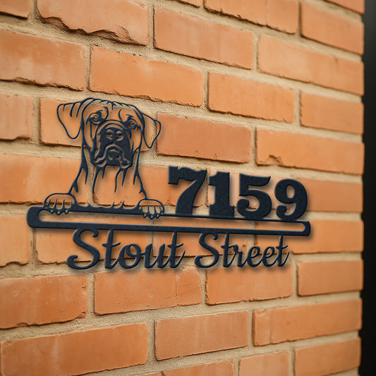 Personalized tosa inu address sign with house number and street name in metal - product view 3