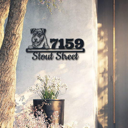 Personalized wales terrier address sign with house number and street name in metal