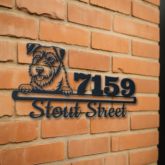 Personalized wales terrier address sign with house number and street name in metal - product view 3