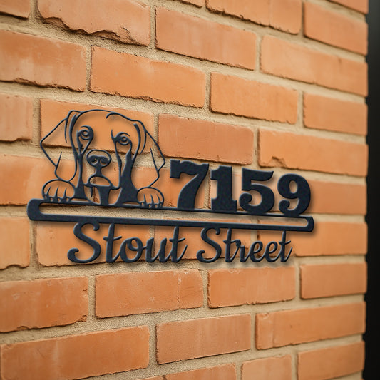 Personalized weimaraner address sign with house number and street name in metal - product view 3