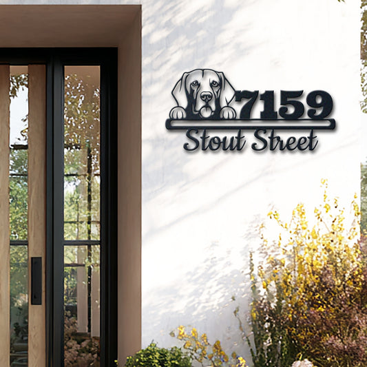 Personalized weimaraner address sign with house number and street name in metal - product view 2