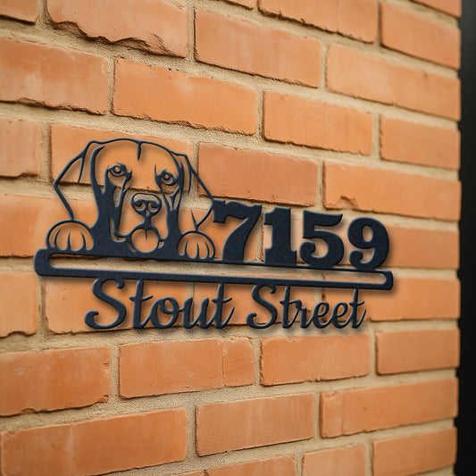 Personalized weimaraner address sign with house number and street name in metal - product view 3