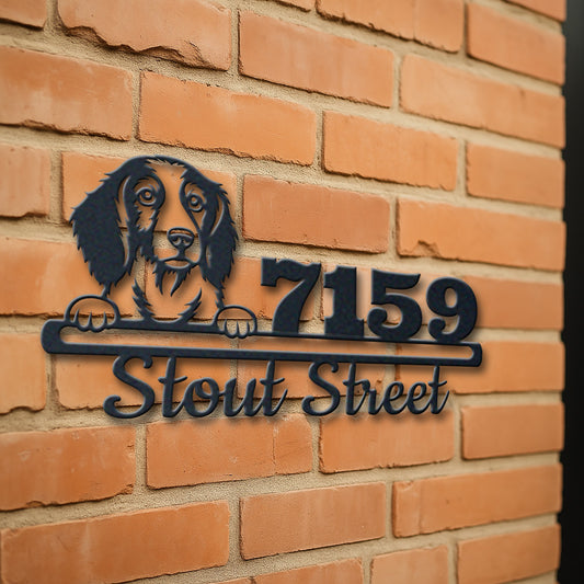 Personalized welsh springer spaniel address sign with house number and street name in metal - product view 3