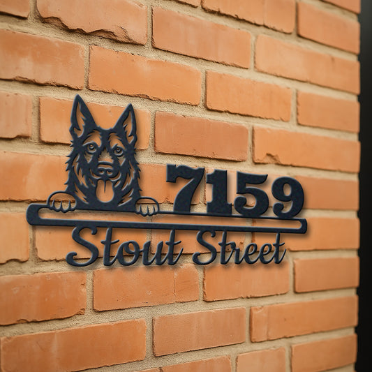 Personalized west gothic dog address sign with house number and street name in metal - product view 3