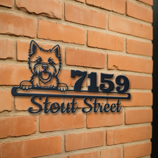 Personalized west highland terrier address sign with house number and street name in metal - product view 3