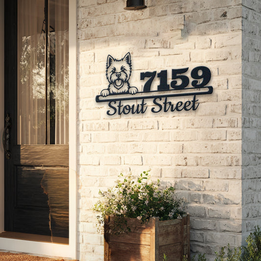 Personalized west highland terrier address sign with house number and street name in metal - product view 5