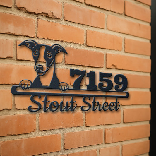 Personalized whippet address sign with house number and street name in metal - product view 3