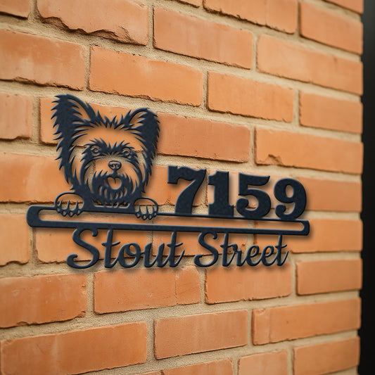 Personalized yorkshire terrier address sign with house number and street name in metal - product view 3