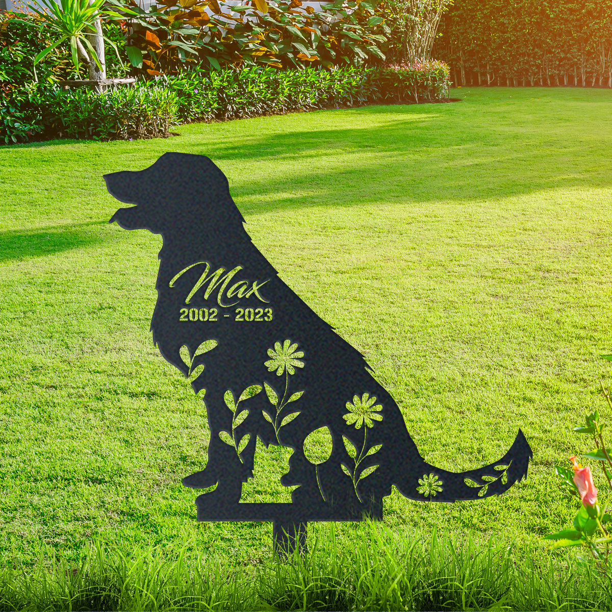 Personalized cute golden retriever garden stake pet memorial garden stake with pet name and dates