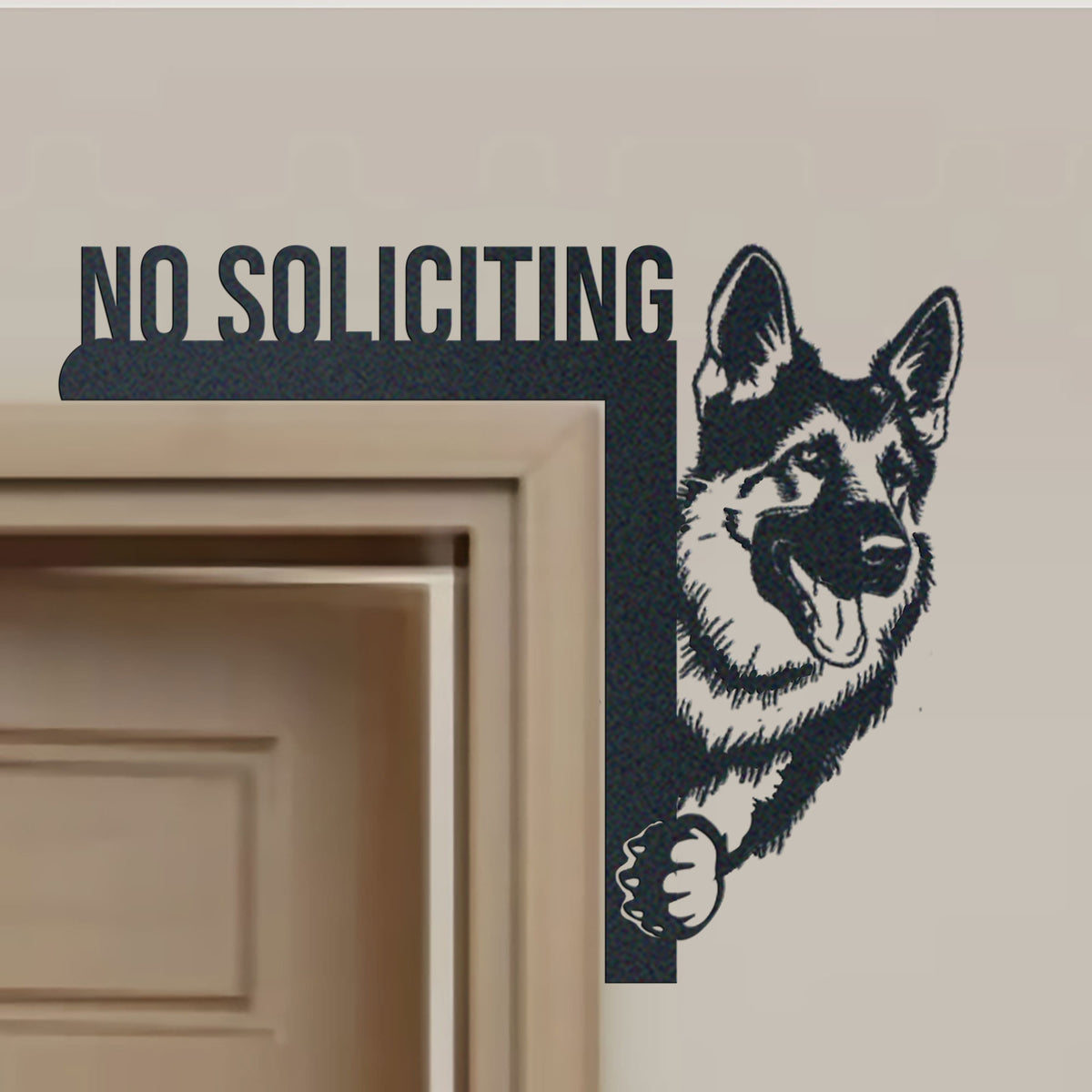 German Shepherd No Soliciting metal wall art displayed on a home wall