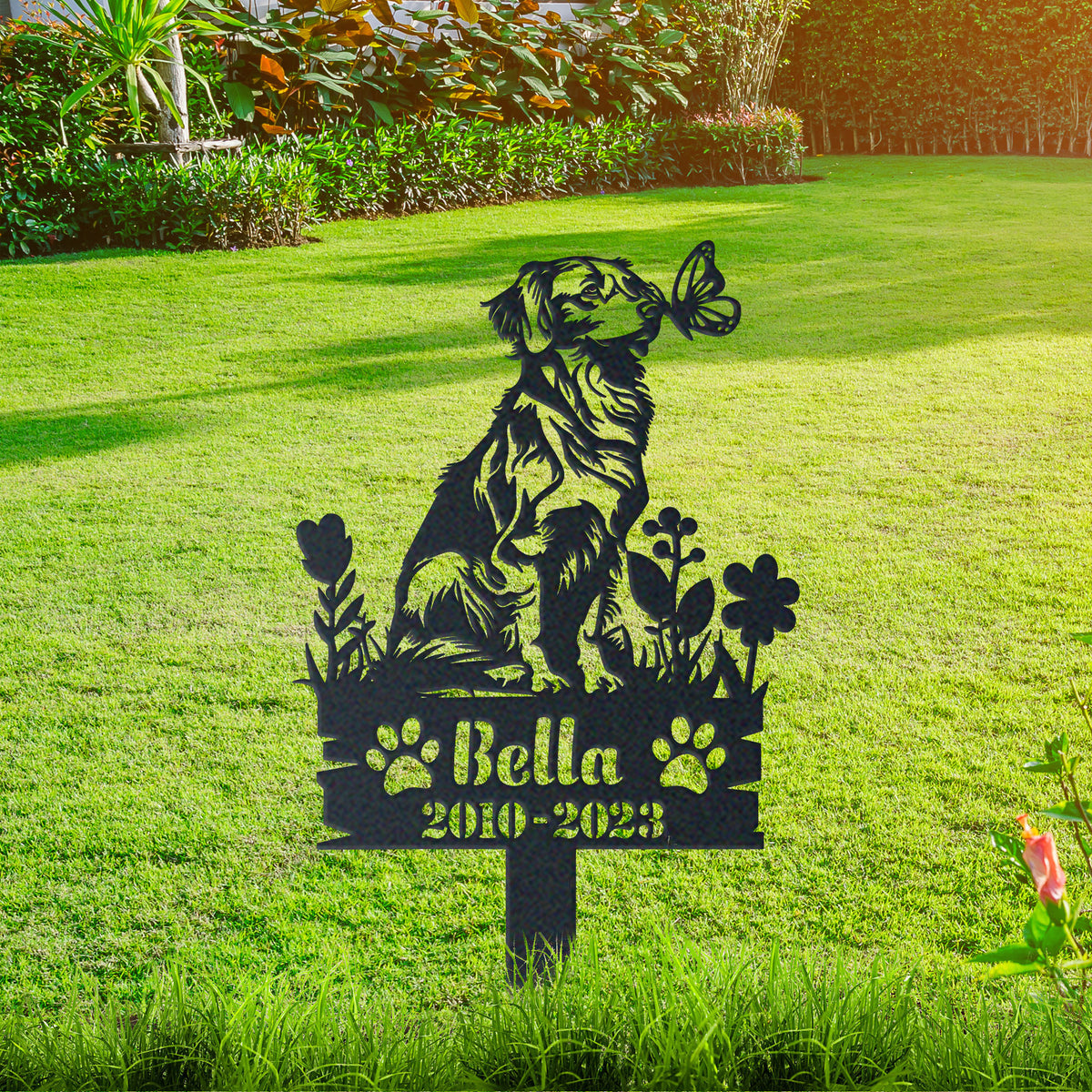 Personalized brittany spaniel memorial garden stake with pet name and dates