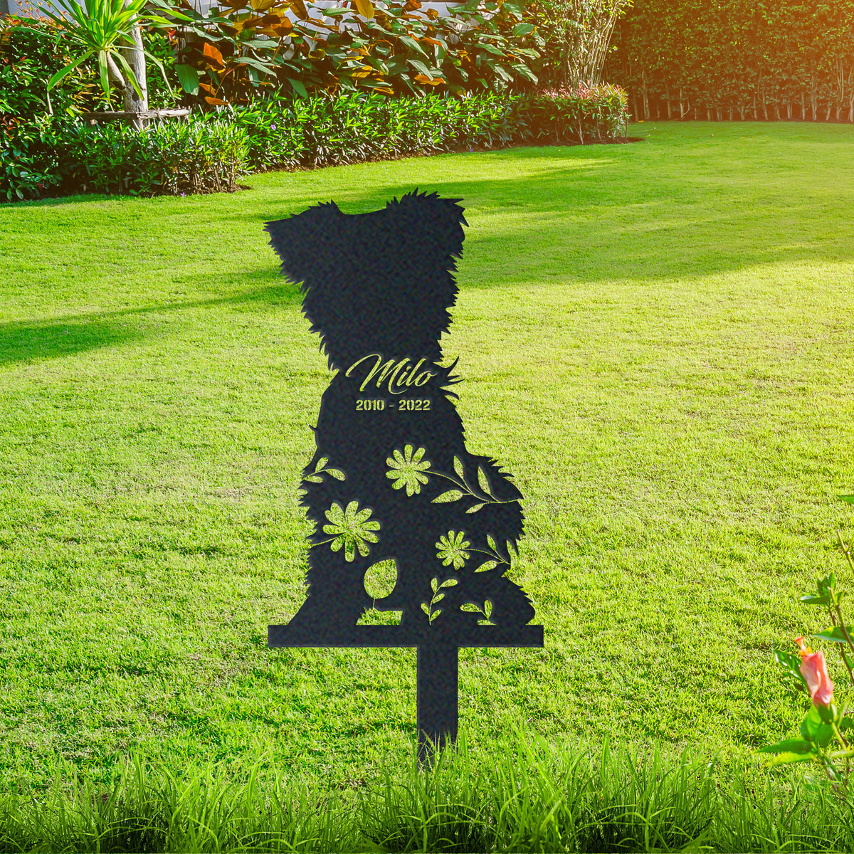 Yorkie Garden Sign| Dog Sympathy Gift metal garden stake displayed outdoors in a yard