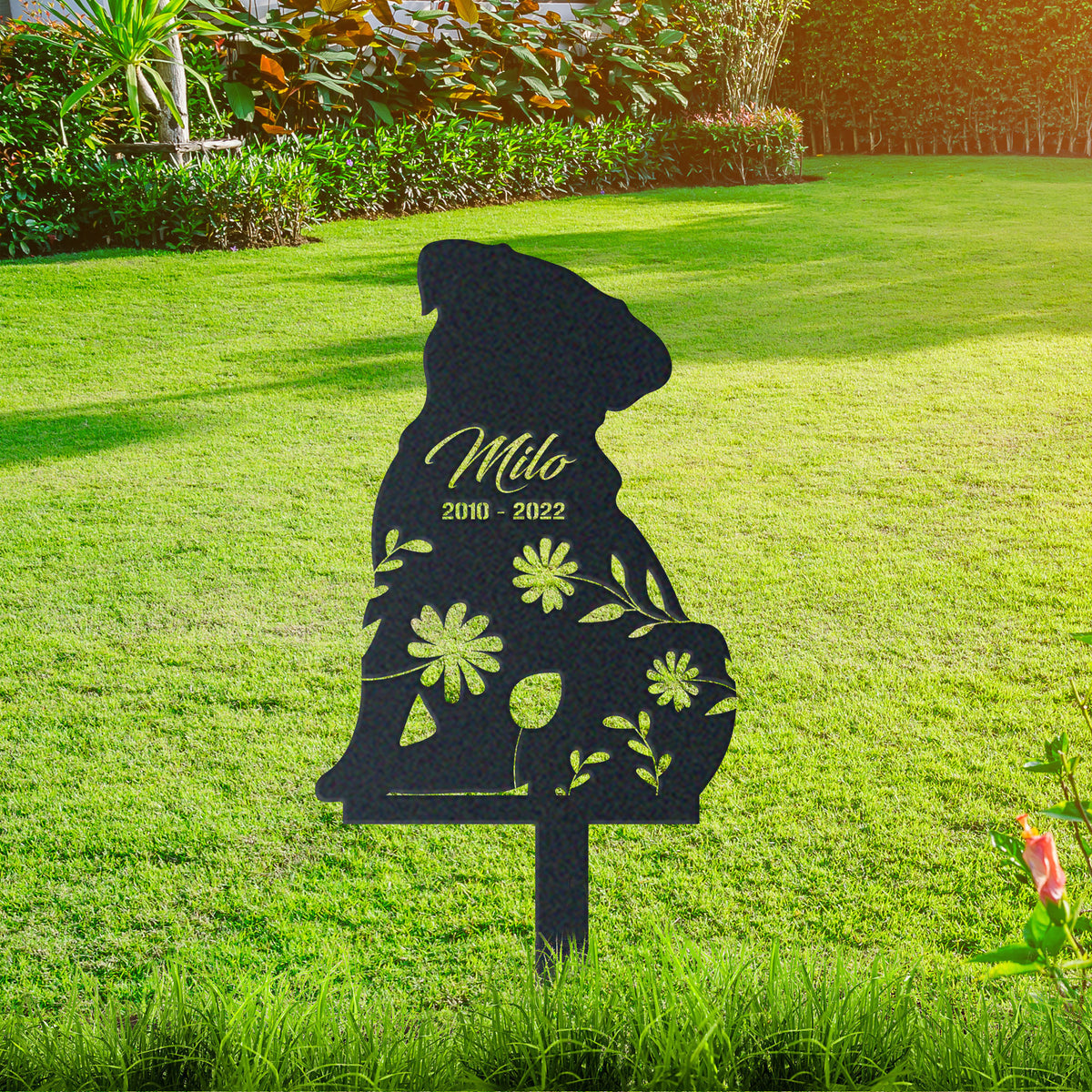 Pug Garden Sign| Dog Sympathy Gift metal garden stake displayed outdoors in a yard
