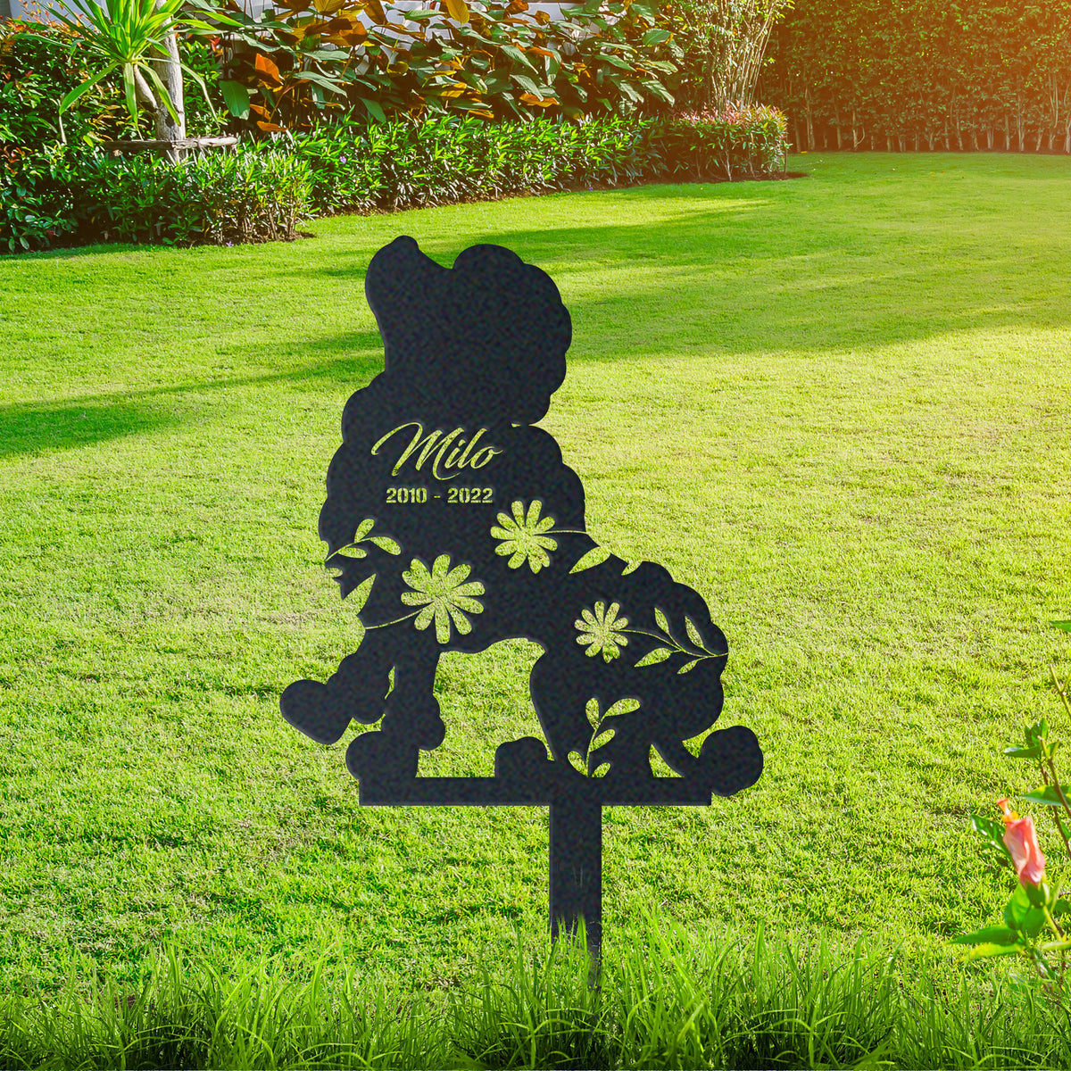 Poodle Garden Sign| Dog Sympathy Gift metal garden stake displayed outdoors in a yard