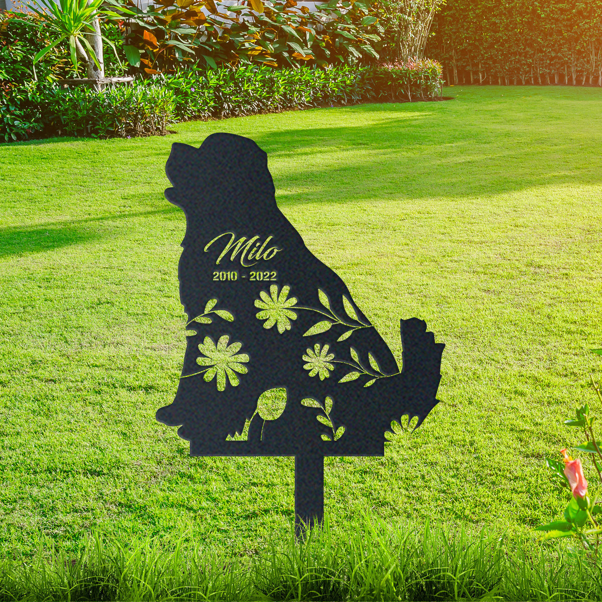 Newfoundland Garden Sign| Dog Sympathy Gift metal garden stake displayed outdoors in a yard