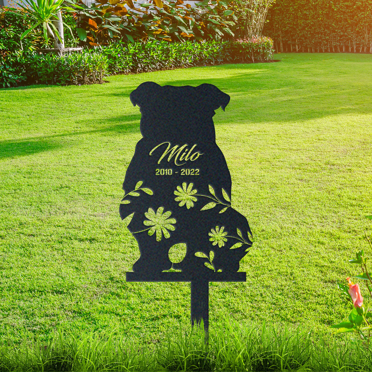 English Bulldog Garden Sign| Dog Sympathy Gift metal garden stake displayed outdoors in a yard