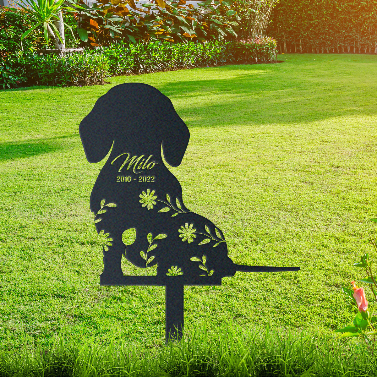 Dachshund Garden Sign| Dog Sympathy Gift metal garden stake displayed outdoors in a yard