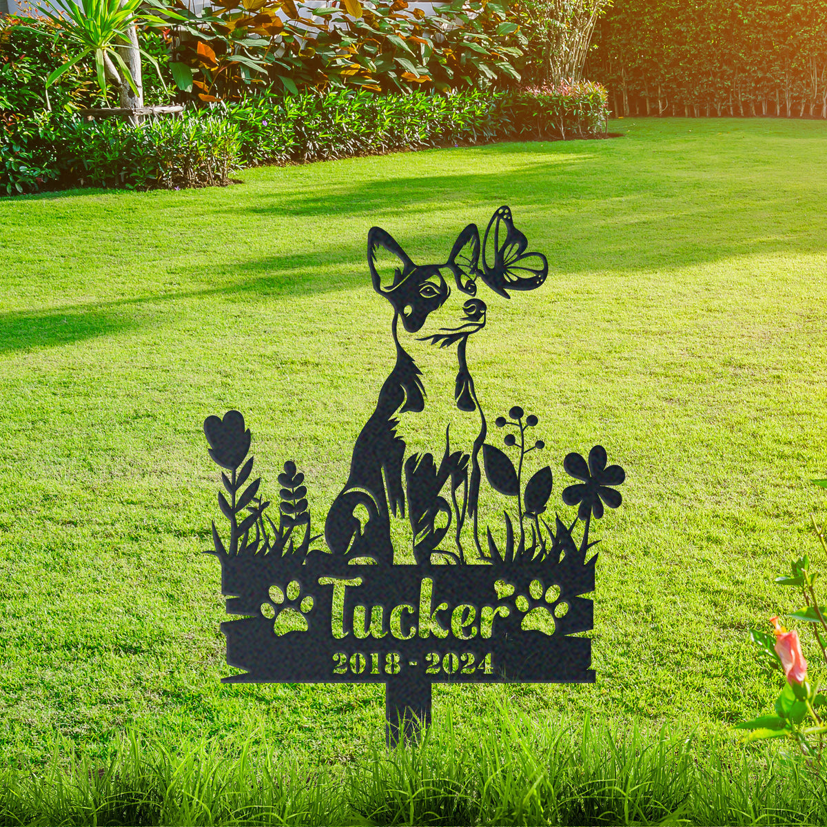 Personalized basenji memorial garden stake with pet name and dates