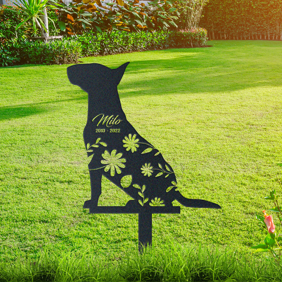 Bull Terrier Garden Sign| Dog Sympathy Gift metal garden stake displayed outdoors in a yard