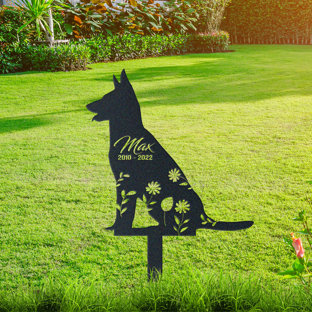 Personalized German Shepherd memorial garden stake with pet name and remembrance details.