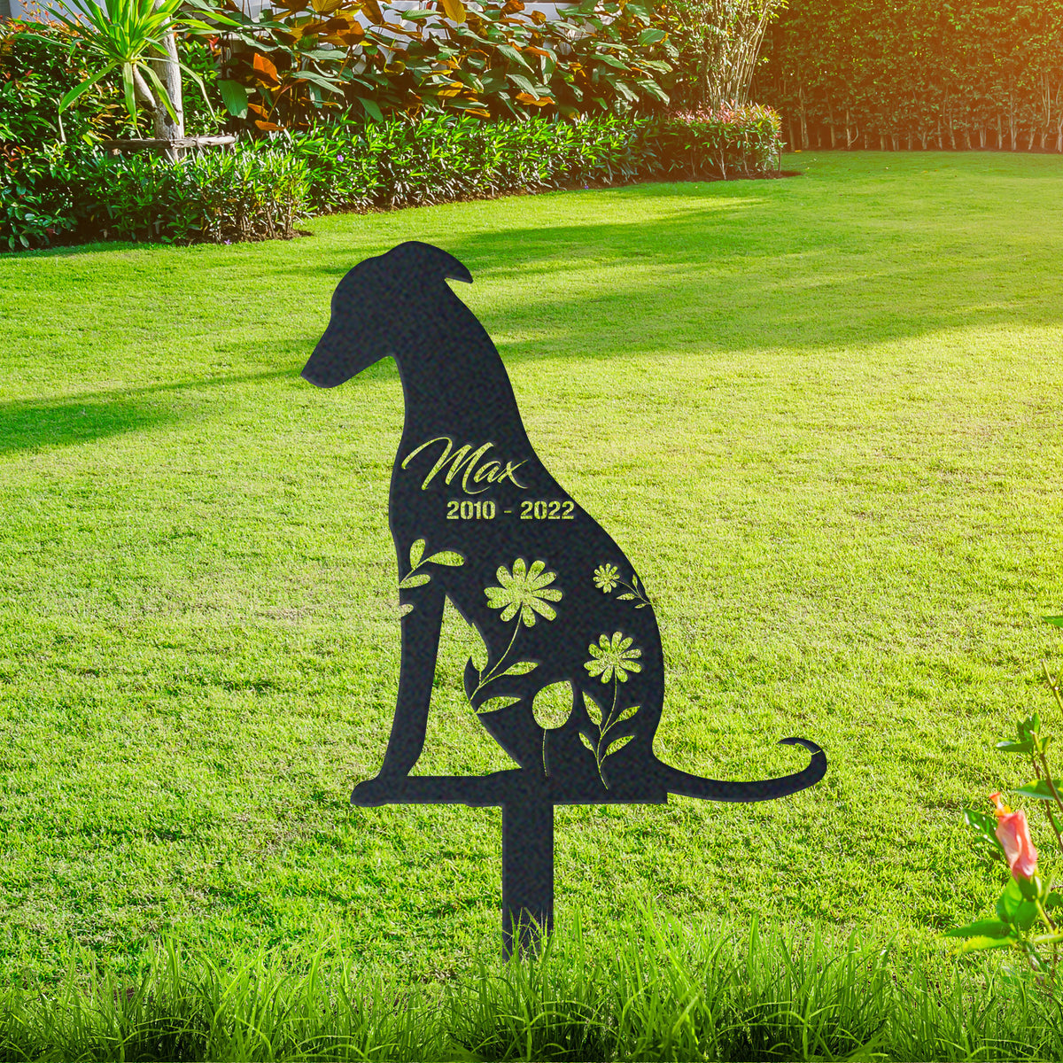 Greyhound Garden Sign| Dog Sympathy Gift metal garden stake displayed outdoors in a yard