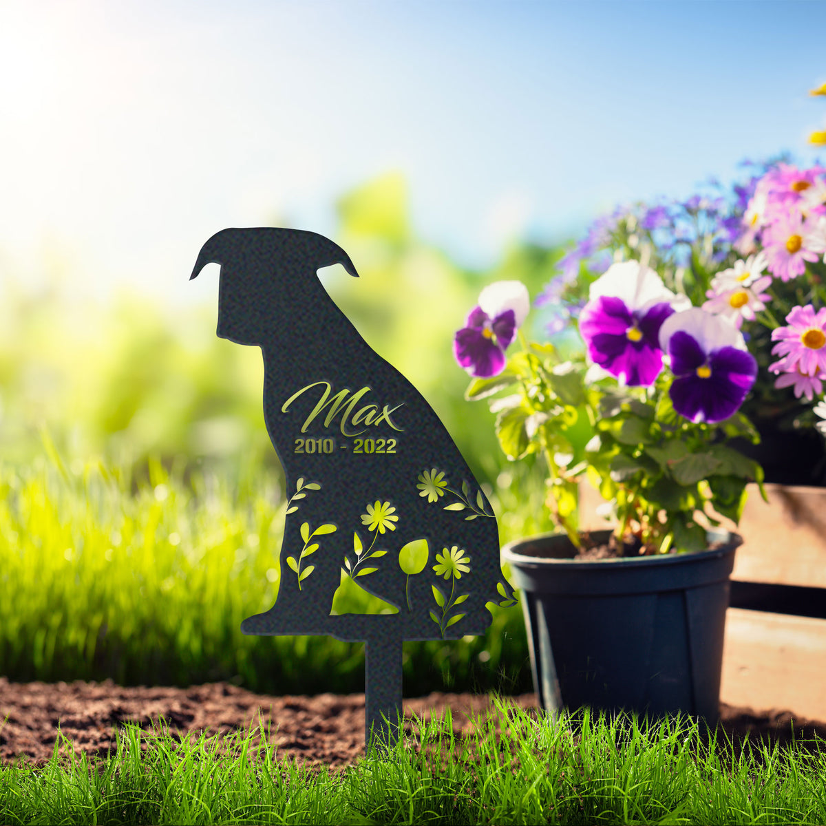 Boxer Garden Sign| Dog Sympathy Gift 2 metal garden stake displayed outdoors in a yard