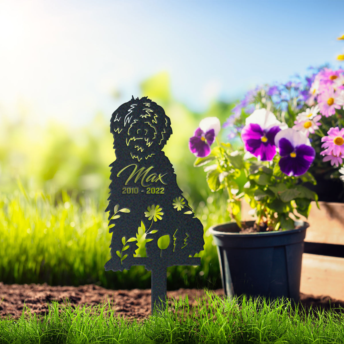 Goldendoodle Garden Sign| Dog Sympathy Gift metal garden stake displayed outdoors in a yard