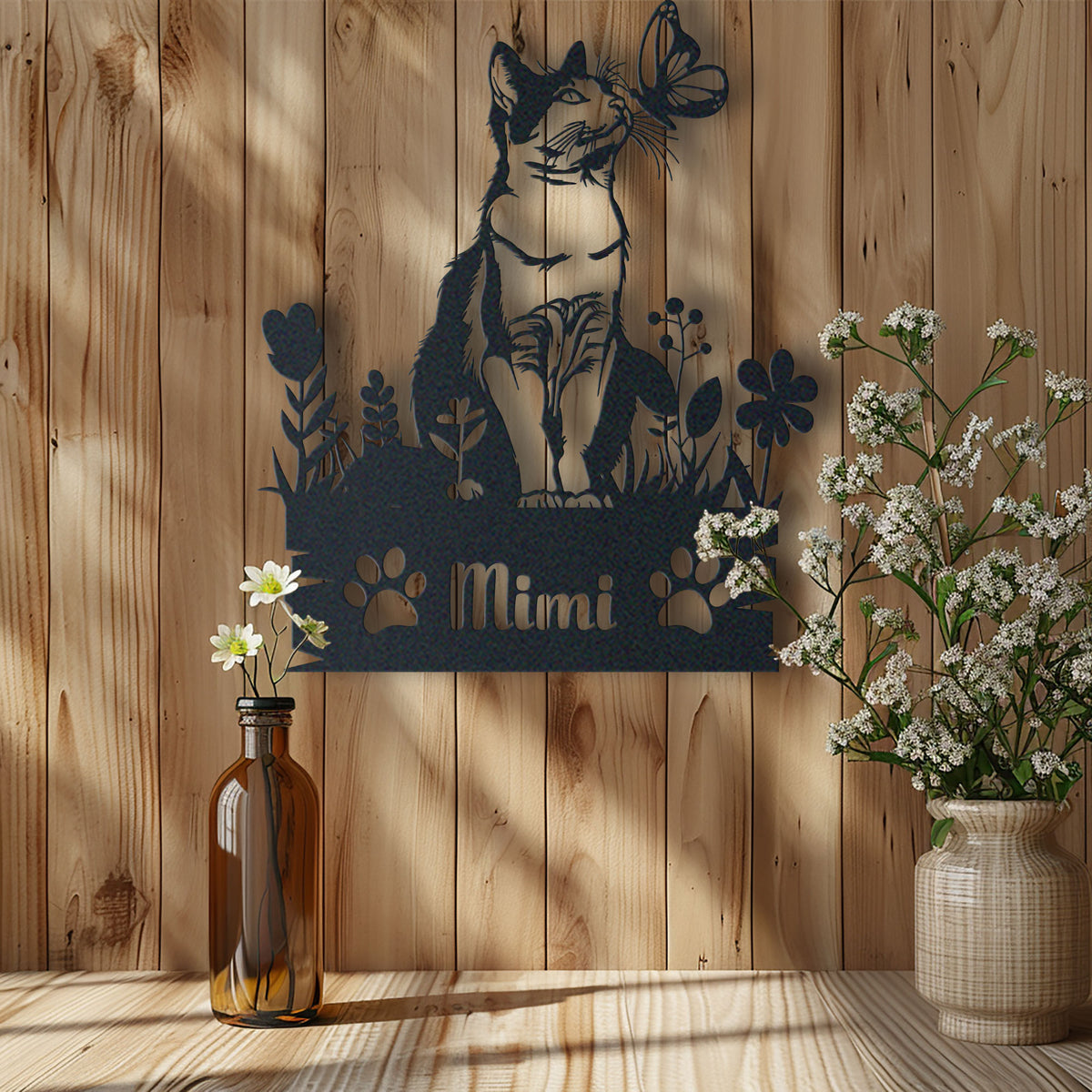 Personalized cat metal wall art pet memorial garden stake with pet name and dates