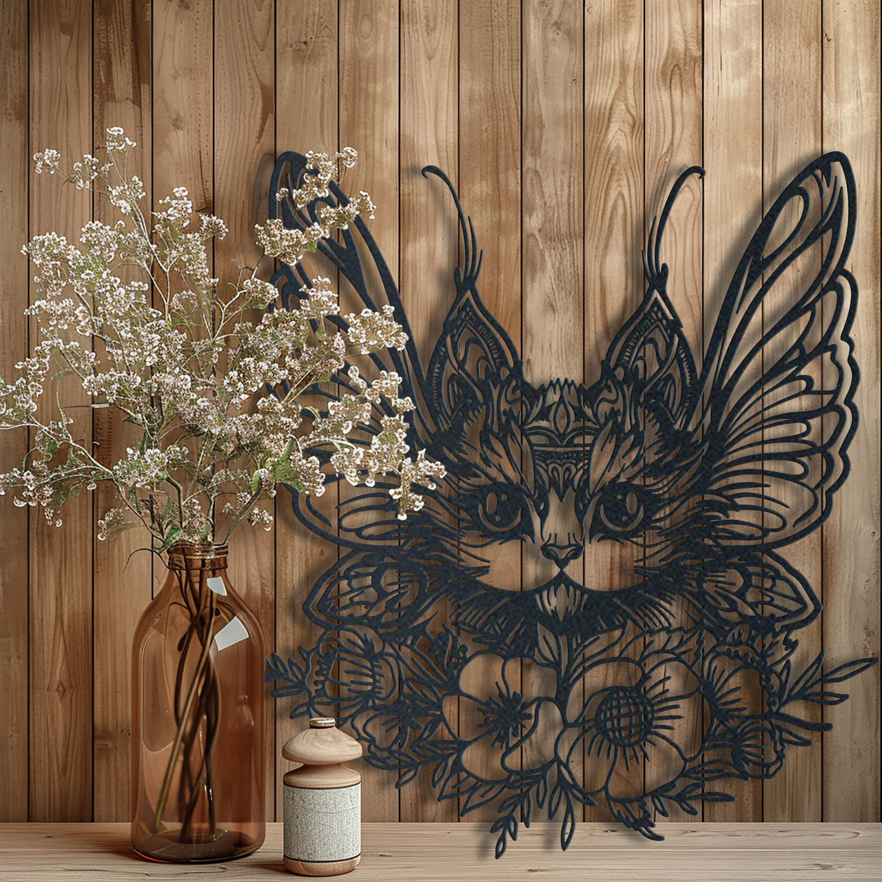 Floral Beautiful Cat With Butterfly Wings Metal Wall Art