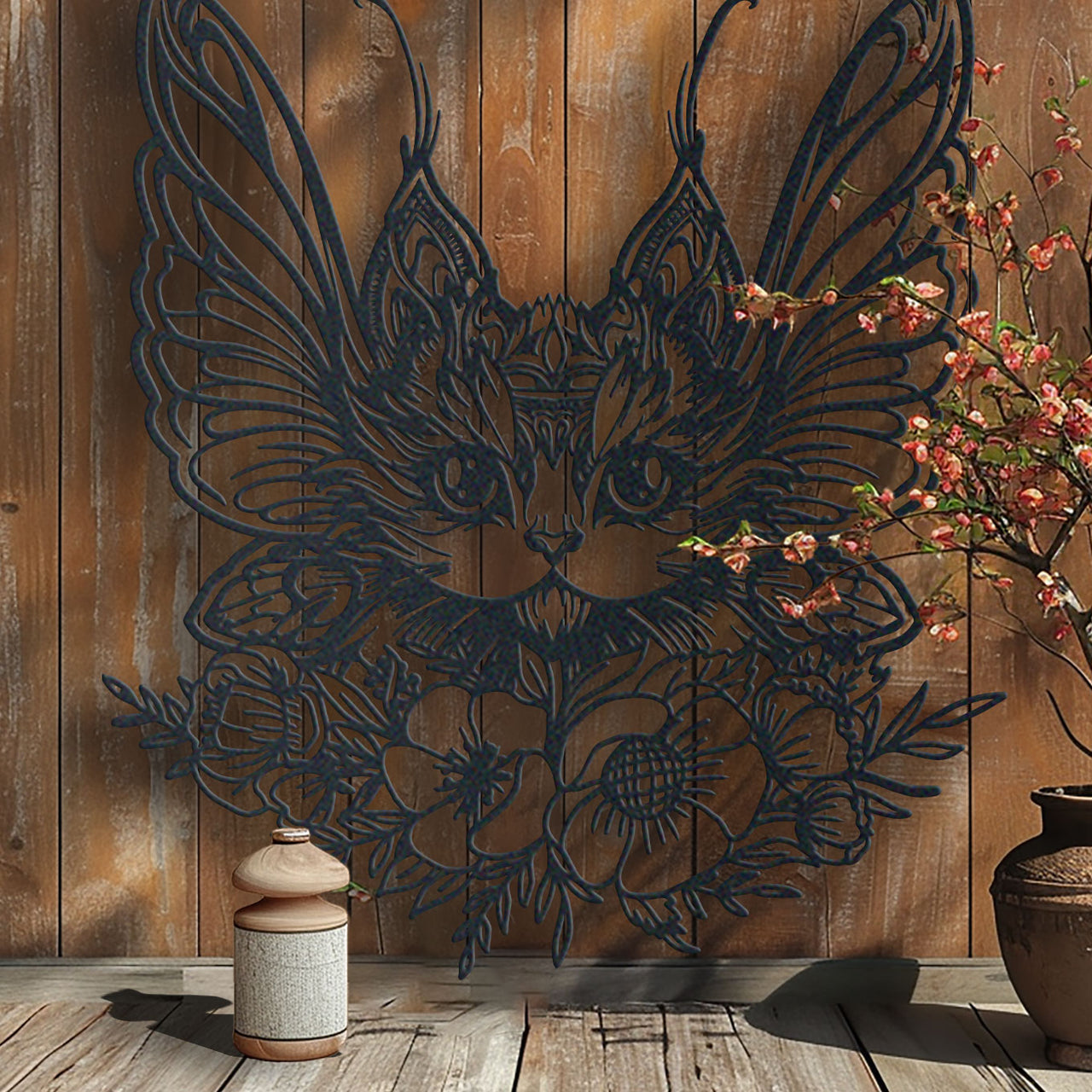 Floral Beautiful Cat With Butterfly Wings Metal Wall Art