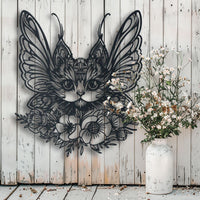Thumbnail for Floral Beautiful Cat With Butterfly Wings Metal Wall Art