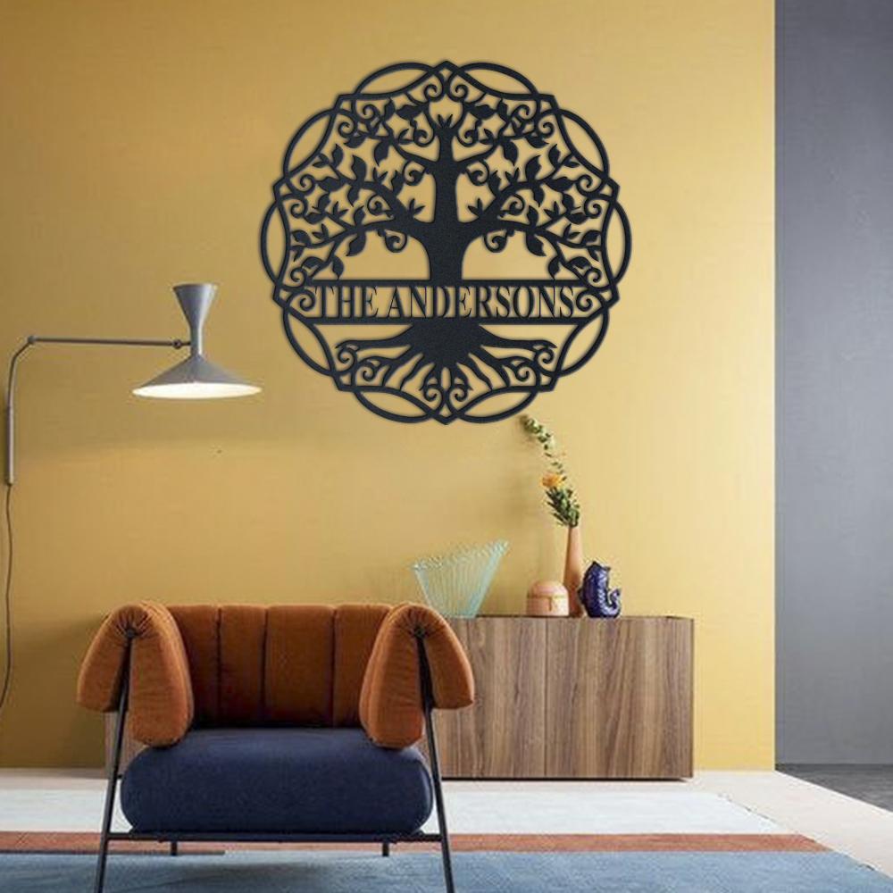 Family Tree Of Life Personalized Family Last Name metal wall art displayed on a home wall