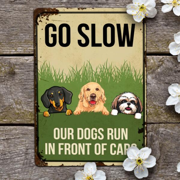 Dog Lovers Personalized Color Metal Sign Go Slow Our Dogs Run In Front Of Cars