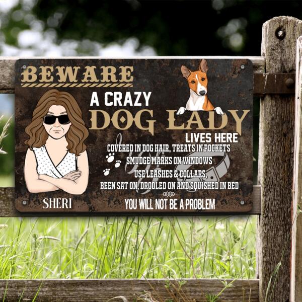 Dog Lovers Metal Sign Beware A Crazy Dog Lady Live Here Personalized