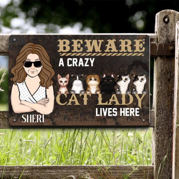 Cat Lovers Metal Sign Beware A Crazy Dog Lady Live Here Personalized