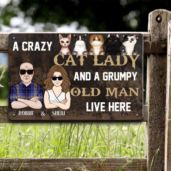 Cat Lovers Printed Metal Sign A Crazy Cat Lady And A Grumpy Old Man Live Here Personalized