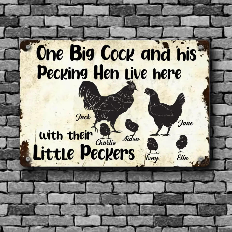 Family Printed Metal Sign Big Cock and Pecking Hen Live Here Personalized Gift, Farmer Gift, Family Gift