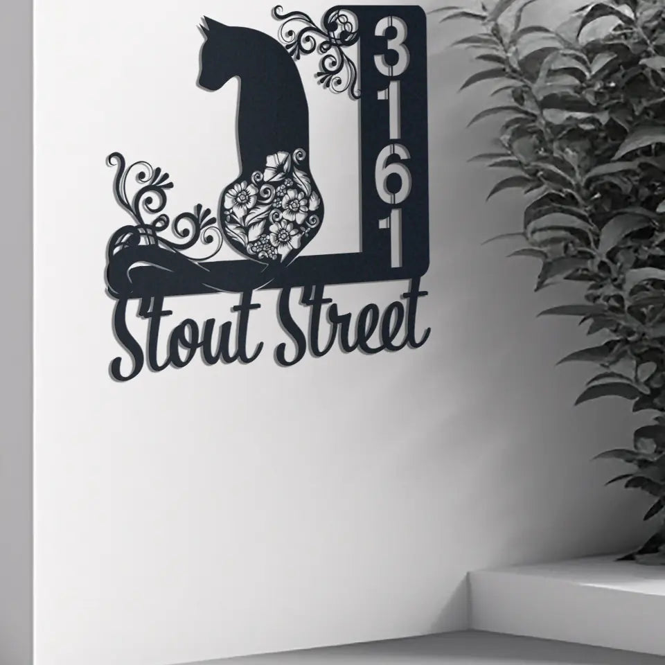 Personalized Cute Floral Cat Metal Address Signs, House Number Signs, Address Plaque