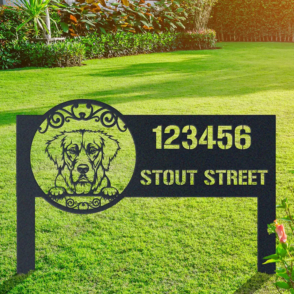 Personalized Cute Dogs Metal Address Signs With Stake, Garden Signs, New House Gift