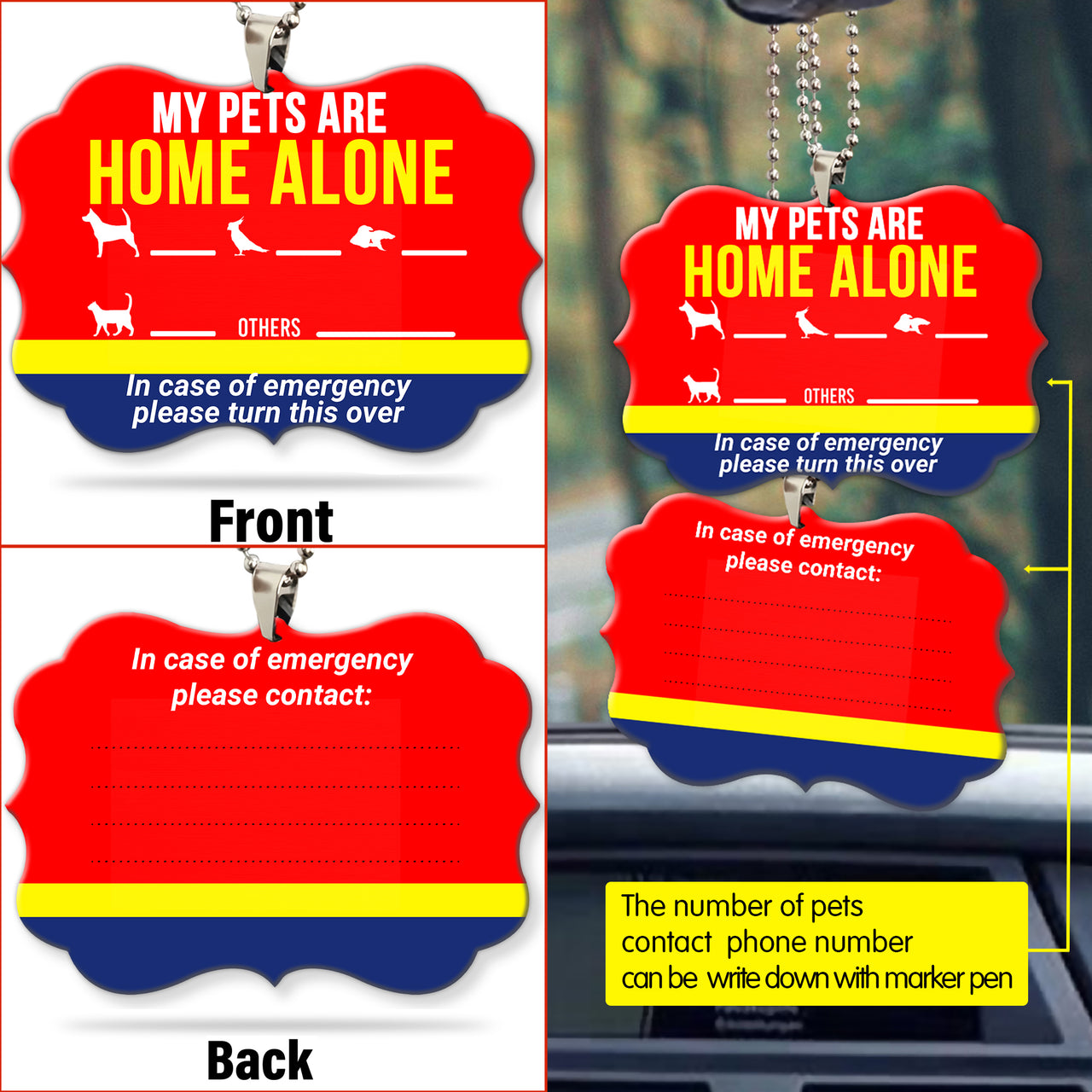 Pets Emergency Sign Car Ornament My Pets Are Home Alone