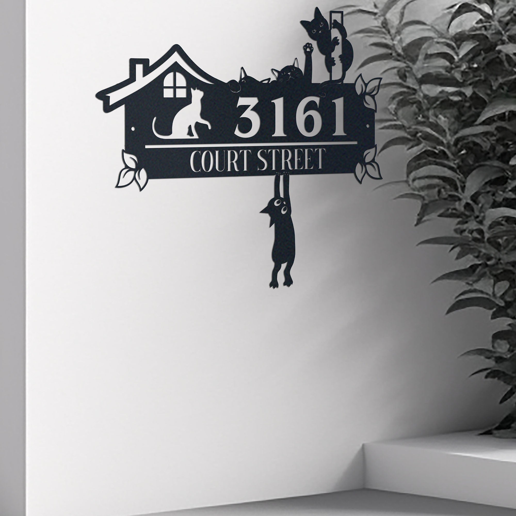 Custom Cat Address Sign – Metal House Number Plaque, 5 Designs, 12-36 Inch