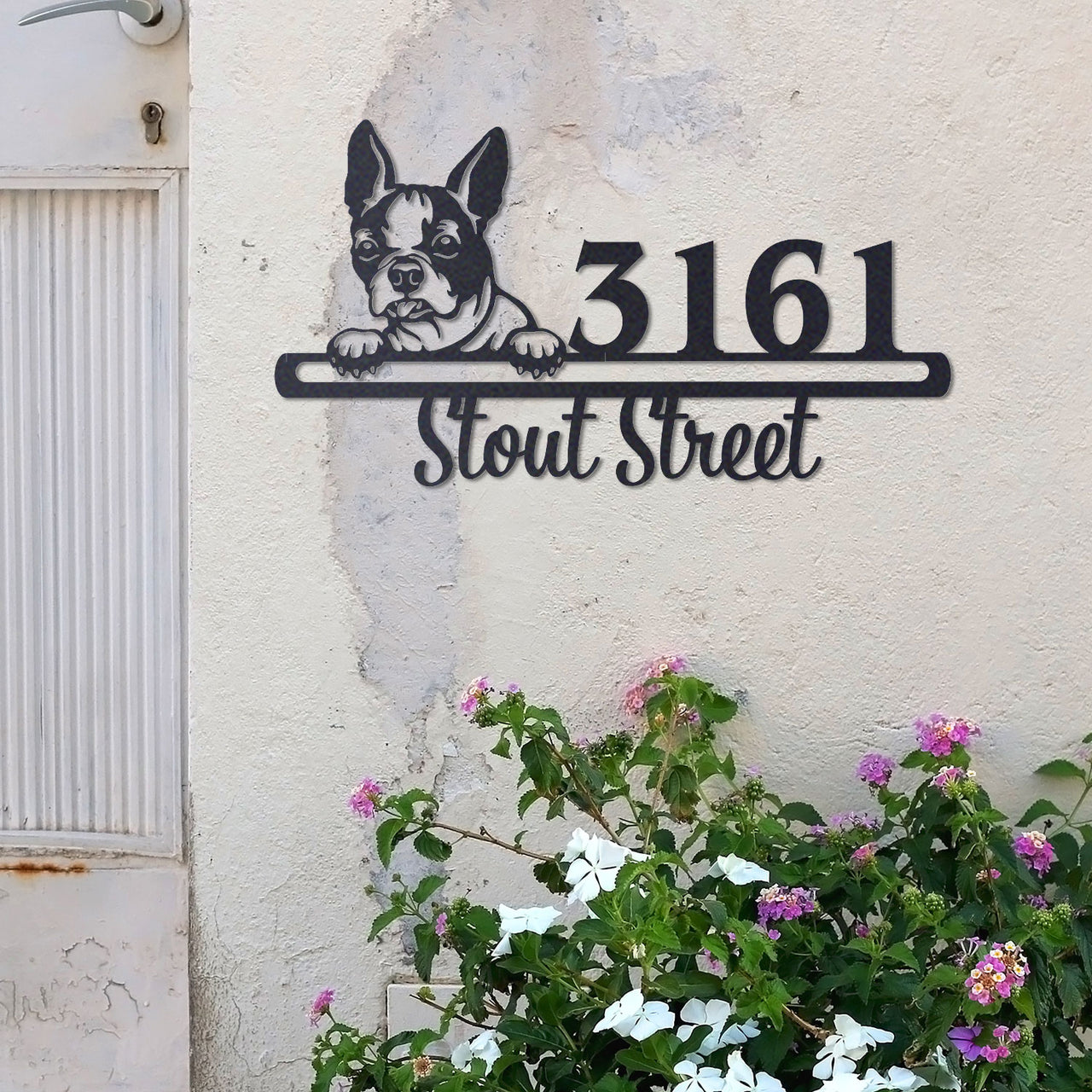 Cute Boston-Terrier Brittany    Address Sign, House Number Sign, Address Plaque, Dog Lovers Gift