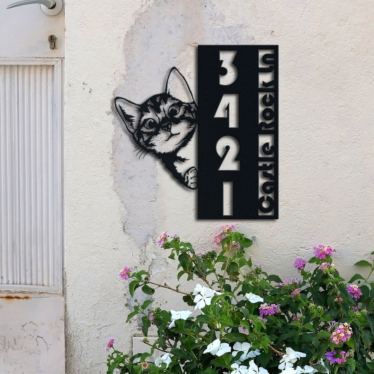 Cat Lovers Custom Metal Address Sign Cute Cat With Vertical Number And Street Address