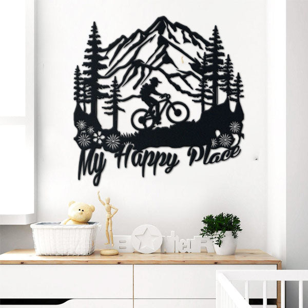 Cycling Lovers metal wall art displayed on a home wall