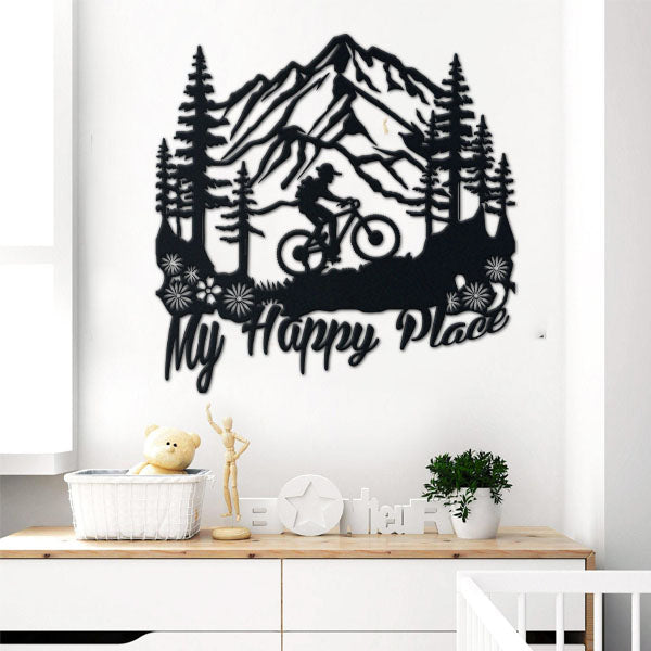 Cycling Lovers Metal Sign Mountain Biking In Forest Metal Decoration Personalized